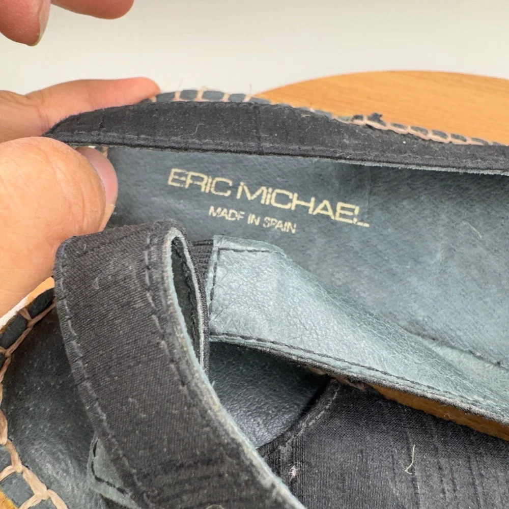 Eric‎ Michael Black Espadrille Wedge Sandals 39 8.5 Slingback Bow Made in Spain